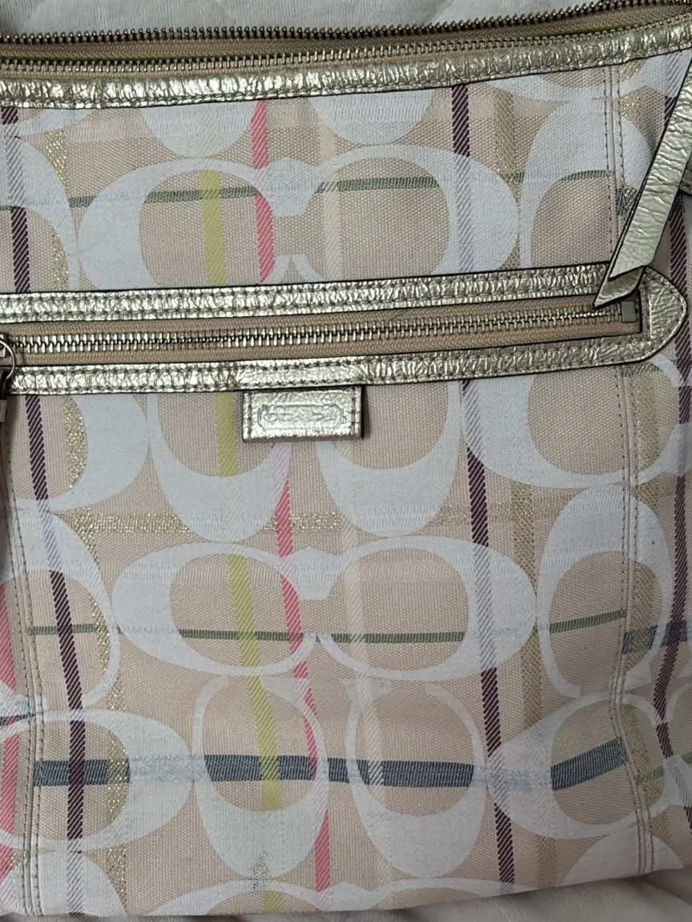Coach Beige Signature Canvas Shoulder Bag with Pastel Stripes and Gold Trim